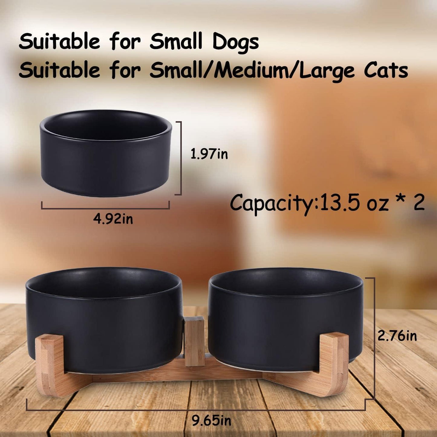 Petygooing Ceramic Dog Cat Bowls Set with Stand,Black Pet Food and Water Bowl,Small Dog Bowls Cute Modern anti Slip Set of 2 Pet Feeder Small Size Pet Dish(13.5Oz/5.1 In) Petygooing