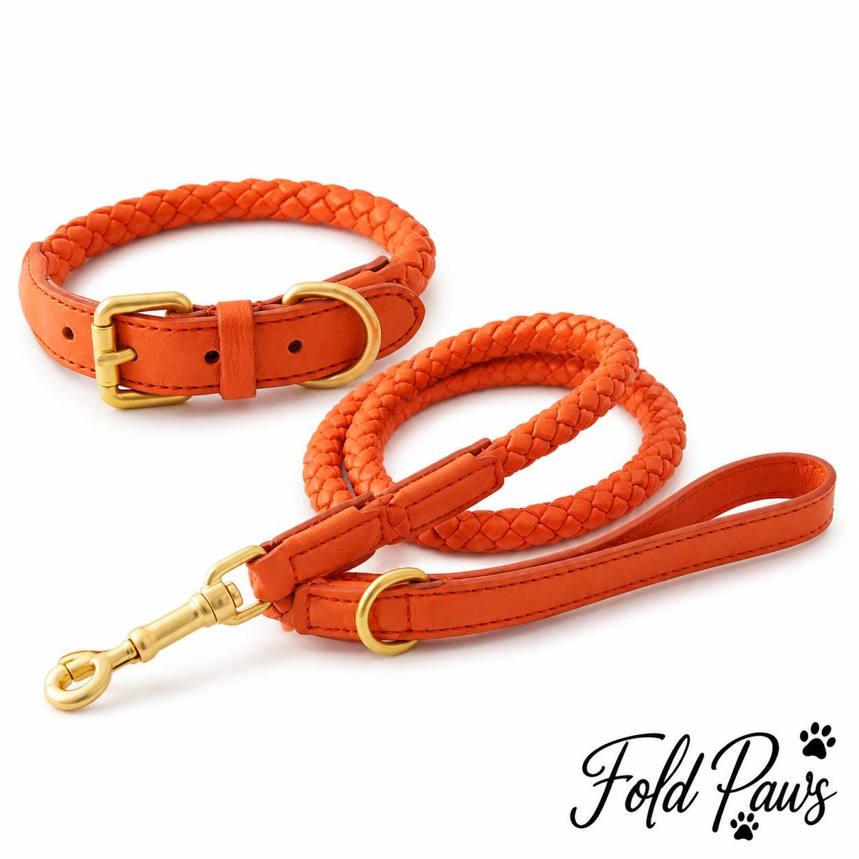 Fold Paws Braided Dog Collar & Leash Set - Personalized Name Collar