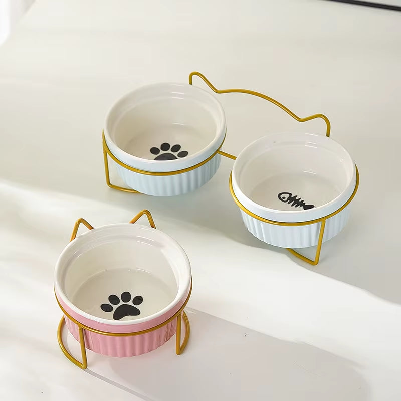 Single or Double Tilt Bowl Ceramic Bowl for Dog Cat Puppy Kitten Elevated Food Feeder Drinker Pet Water Bowl Pet Supplies