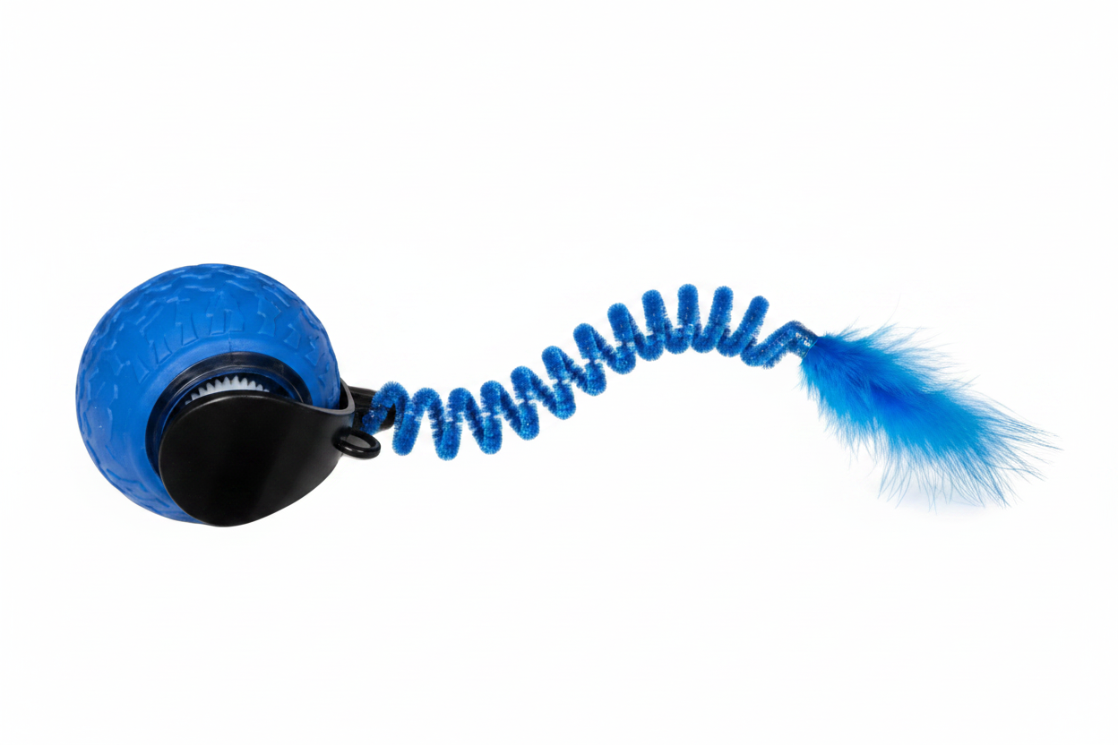 Blue pet toy with a handle on a white background, branded 'Fold Paws'.