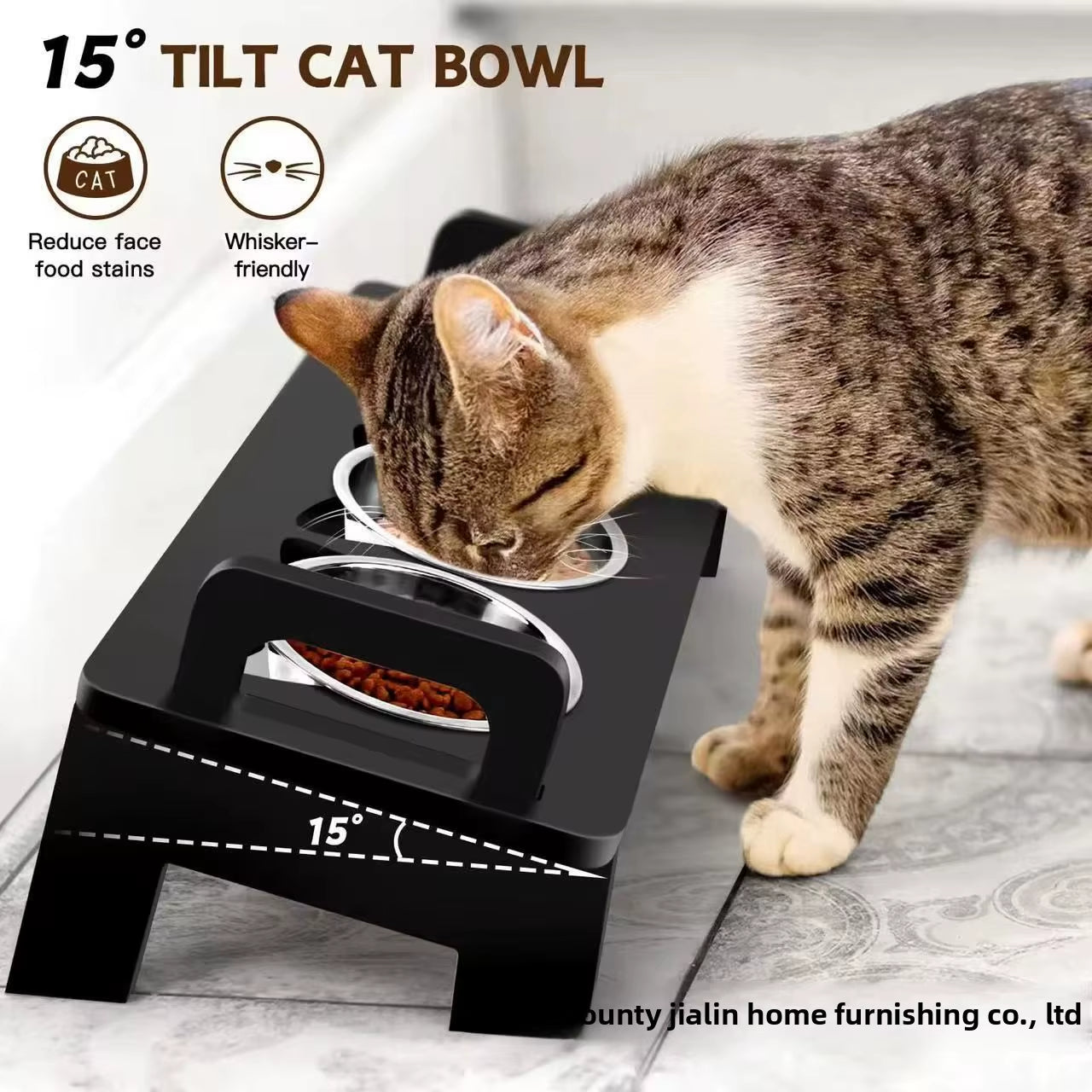 Eco-Friendly Stainless Steel Pet Food Bowl Rack Vertical Slant Neck Guard with Increased Dining Table for Cats and Dogs