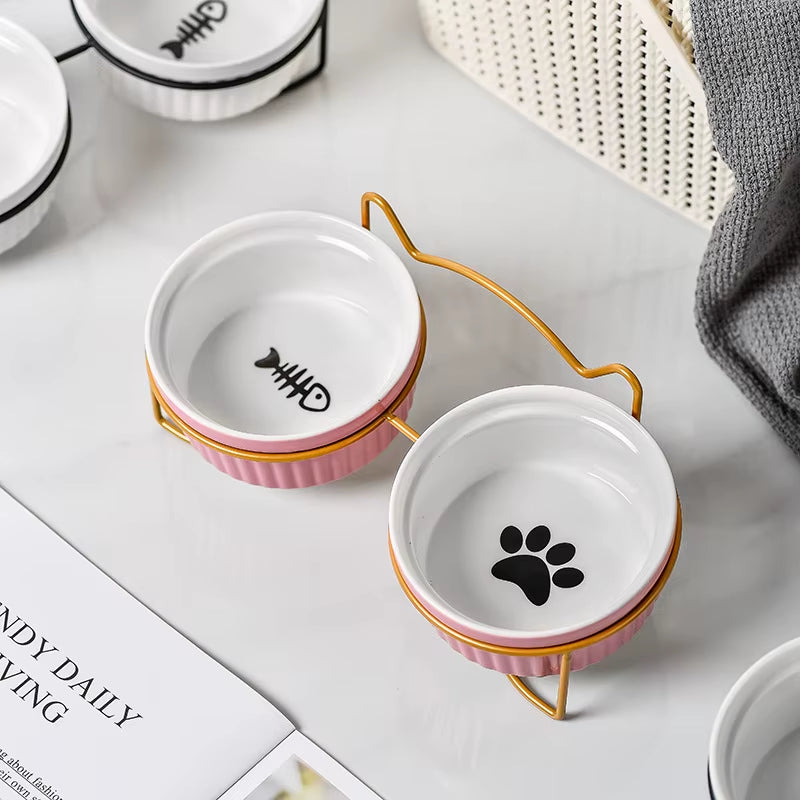 Single or Double Tilt Bowl Ceramic Bowl for Dog Cat Puppy Kitten Elevated Food Feeder Drinker Pet Water Bowl Pet Supplies