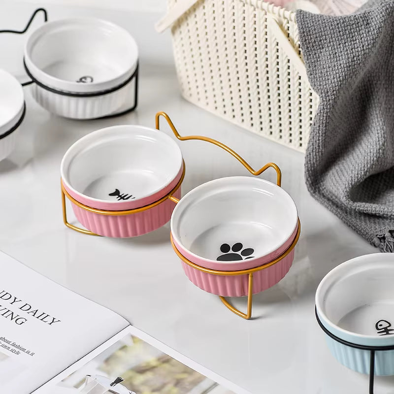 Single or Double Tilt Bowl Ceramic Bowl for Dog Cat Puppy Kitten Elevated Food Feeder Drinker Pet Water Bowl Pet Supplies