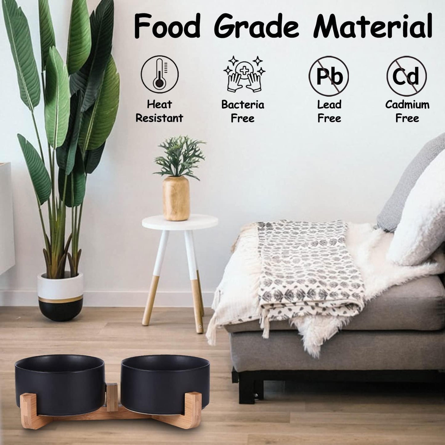 Petygooing Ceramic Dog Cat Bowls Set with Stand,Black Pet Food and Water Bowl,Small Dog Bowls Cute Modern anti Slip Set of 2 Pet Feeder Small Size Pet Dish(13.5Oz/5.1 In) Petygooing