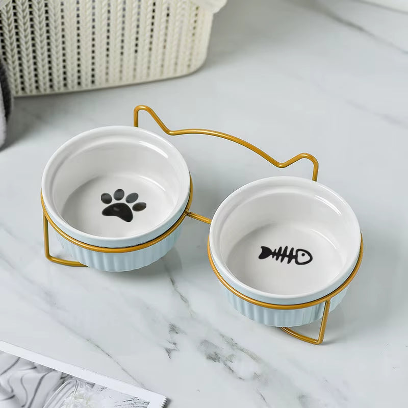 Single or Double Tilt Bowl Ceramic Bowl for Dog Cat Puppy Kitten Elevated Food Feeder Drinker Pet Water Bowl Pet Supplies