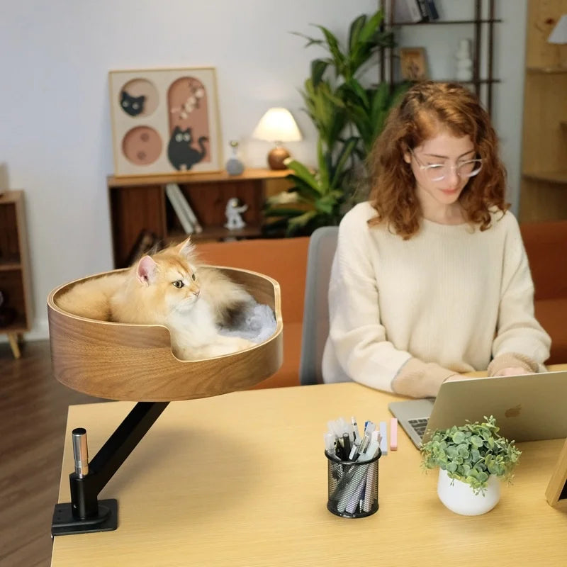 Adjustable 360 Degree Wood Cat Nest Desktop Suspended Desk Bracket with Rotating Frame Solid Pattern Cat Climbing Nest