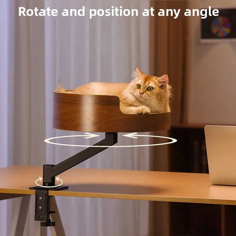 Adjustable 360 Degree Wood Cat Nest Desktop Suspended Desk Bracket with Rotating Frame Solid Pattern Cat Climbing Nest