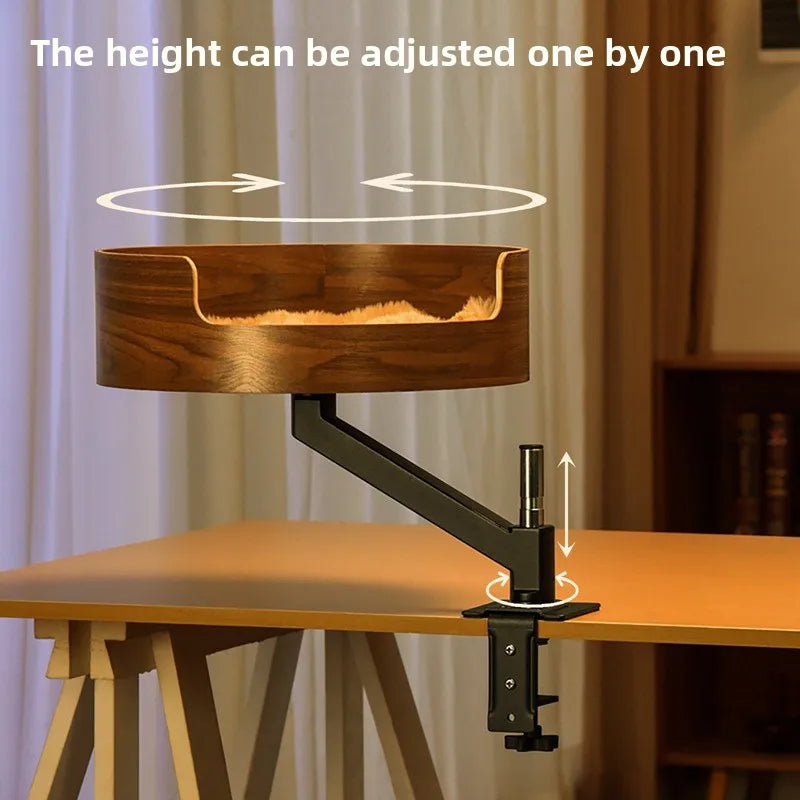 Adjustable 360 Degree Wood Cat Nest Desktop Suspended Desk Bracket with Rotating Frame Solid Pattern Cat Climbing Nest