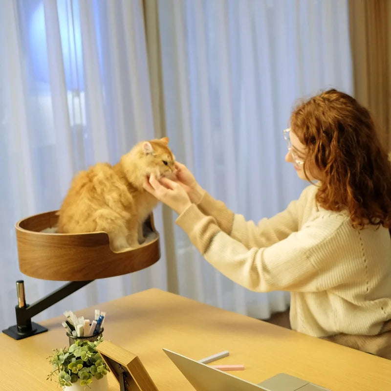 Adjustable 360 Degree Wood Cat Nest Desktop Suspended Desk Bracket with Rotating Frame Solid Pattern Cat Climbing Nest