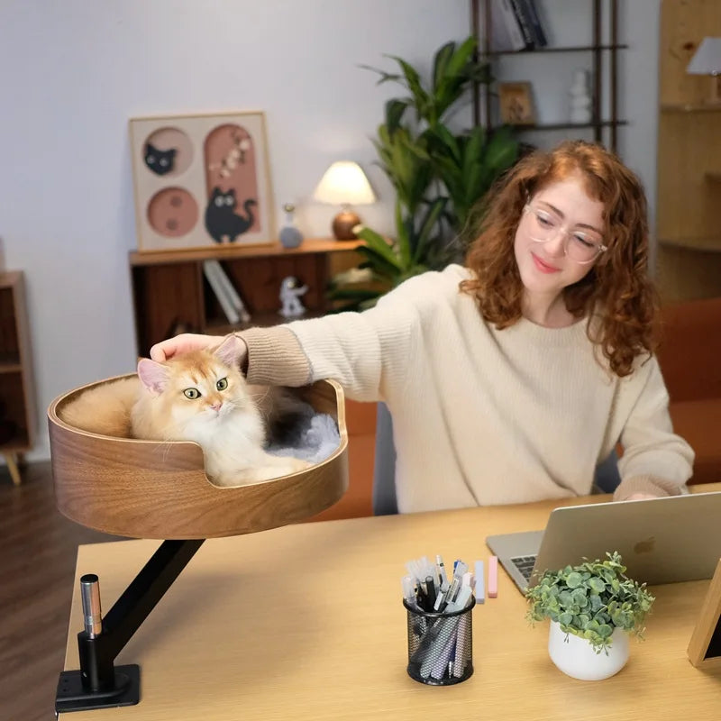 Adjustable 360 Degree Wood Cat Nest Desktop Suspended Desk Bracket with Rotating Frame Solid Pattern Cat Climbing Nest