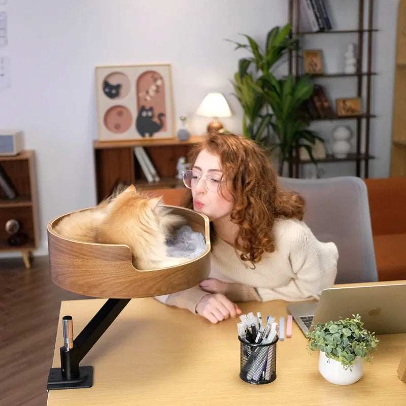 Adjustable 360 Degree Wood Cat Nest Desktop Suspended Desk Bracket with Rotating Frame Solid Pattern Cat Climbing Nest