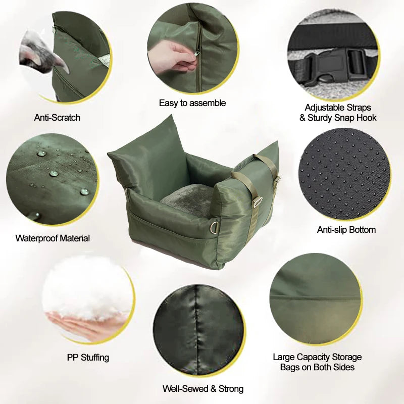 Luxury Dog Car Seat Bed – Soft Waterproof Travel Pet Seat with Safety Buckle for Small & Large Dogs