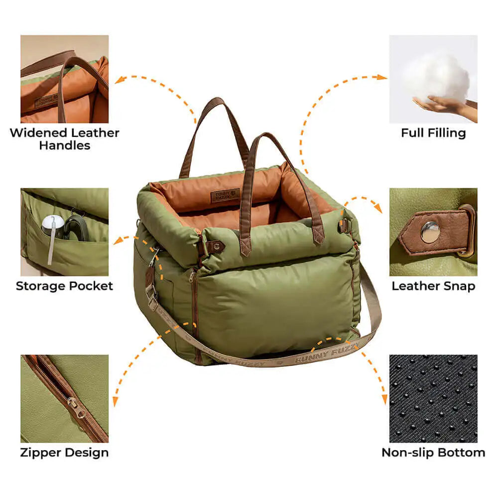 Luxury Faux Leather Dog Car Seat Bed – Double Booster Seats with Safety Buckle & Custom Logo Option