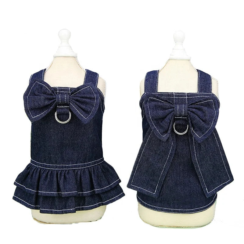 Designer Dog Dress with Harness – Fashion Denim Skirt T-Shirt & Leash Set for Small Pets