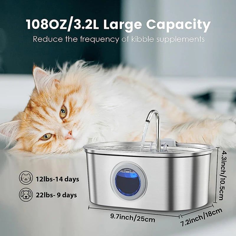 3.2L/108oz Automatic Cat Water Fountain Stainless Steel Cat Water Dispenser Pet Water Fountain Dog Products