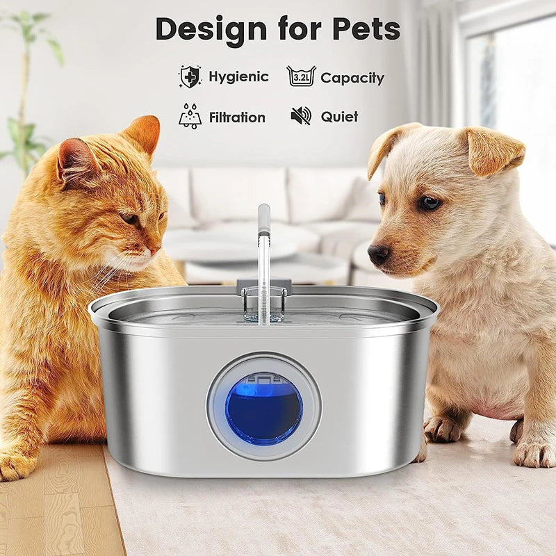 3.2L/108oz Automatic Cat Water Fountain Stainless Steel Cat Water Dispenser Pet Water Fountain Dog Products