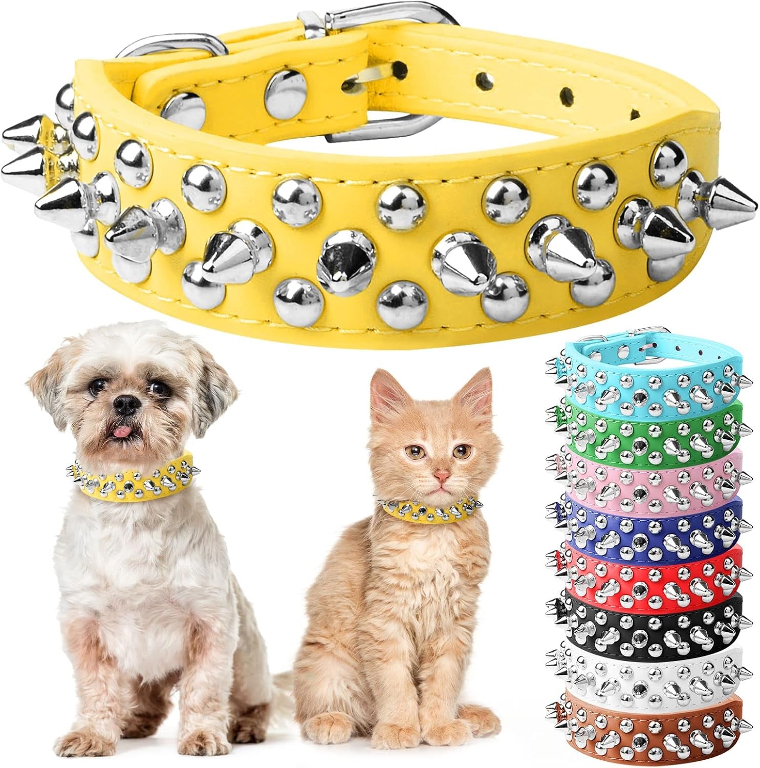 Spiked Dog Cat Collar, Soft White Leather Adjustable Puppy Collar with Studded Spikes, Anti-Bite Design for Small Dogs & Cats (XS, White)