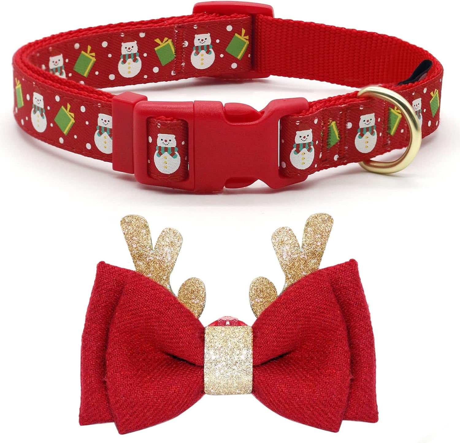 Azuza Christmas Dog Collar, Adjustable Dog Collar with Antler Bow Tie, Snowman Design for Medium Dogs