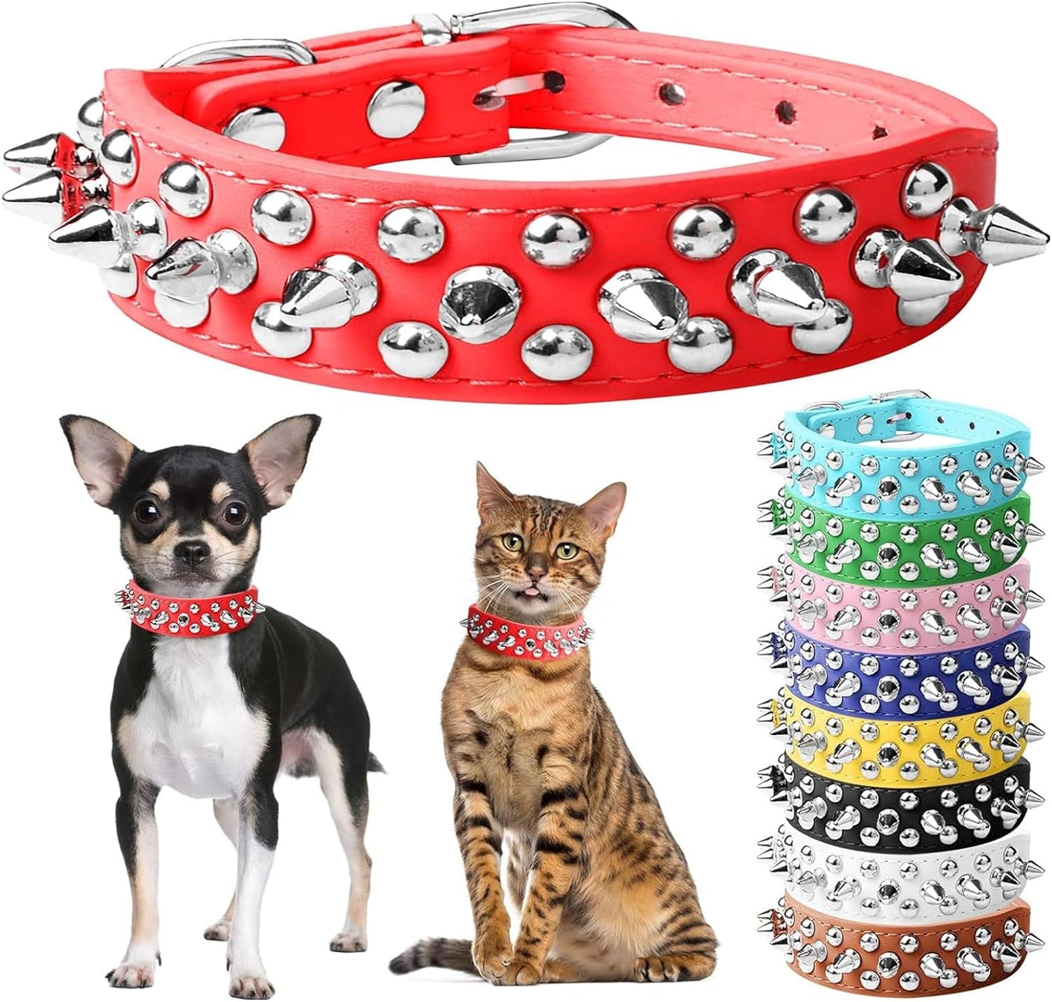 Spiked Dog Cat Collar, Soft White Leather Adjustable Puppy Collar with Studded Spikes, Anti-Bite Design for Small Dogs & Cats (XS, White)