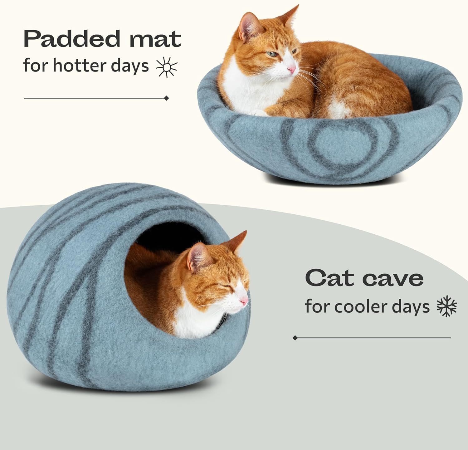 MEOWFIA Cat Bed Cave Premium Felt - Handmade 100% Merino Wool Bed for Cats and Kittens (Light Shades) (Medium, Aquamarine)