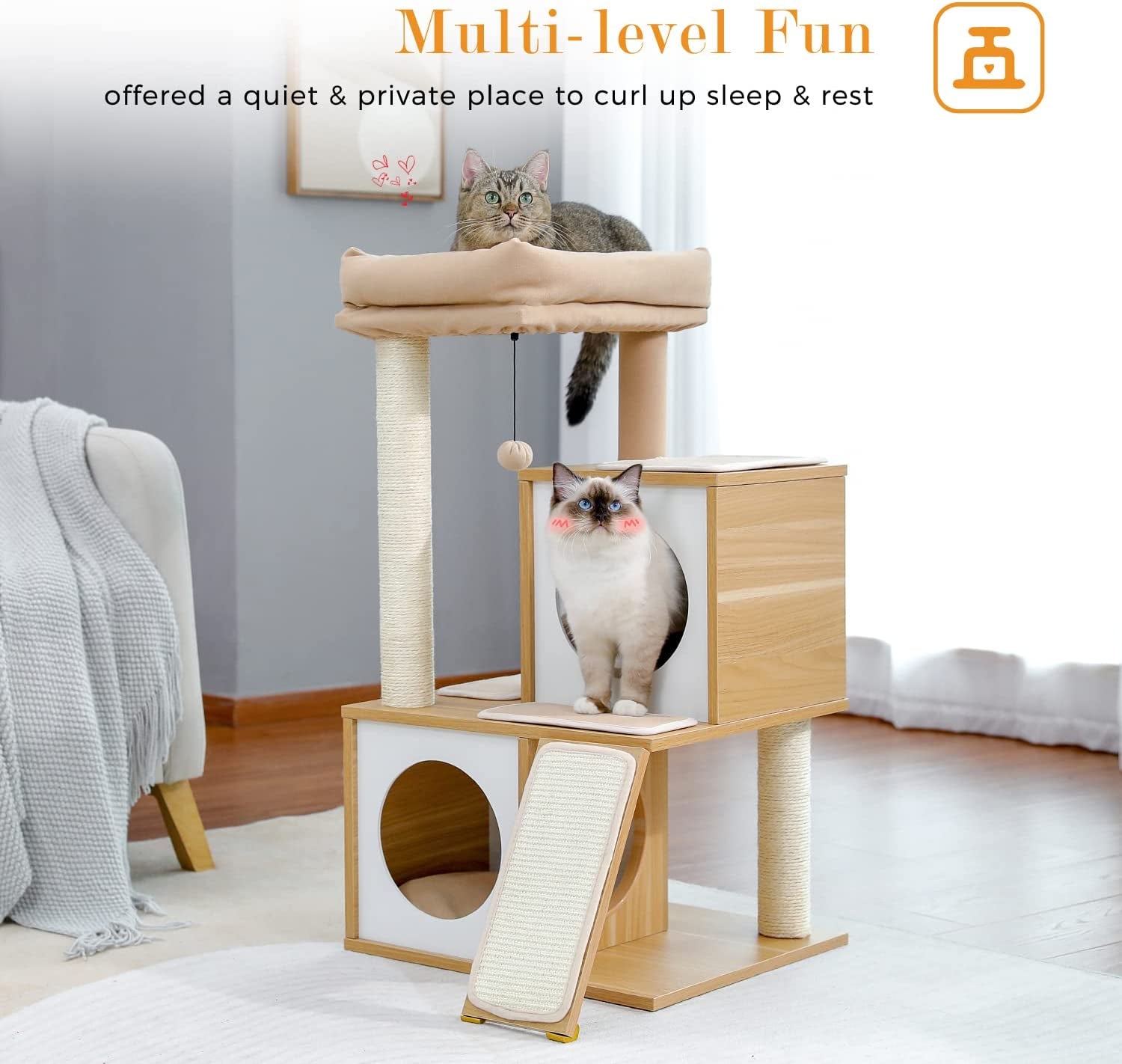 PAWZ Road Cat Tree 35 Inches Wooden Cat Tower with Double Condos, Spacious Perch, Fully Wrapped Scratching Sisal Posts and Replaceable Dangling Balls-Walnut