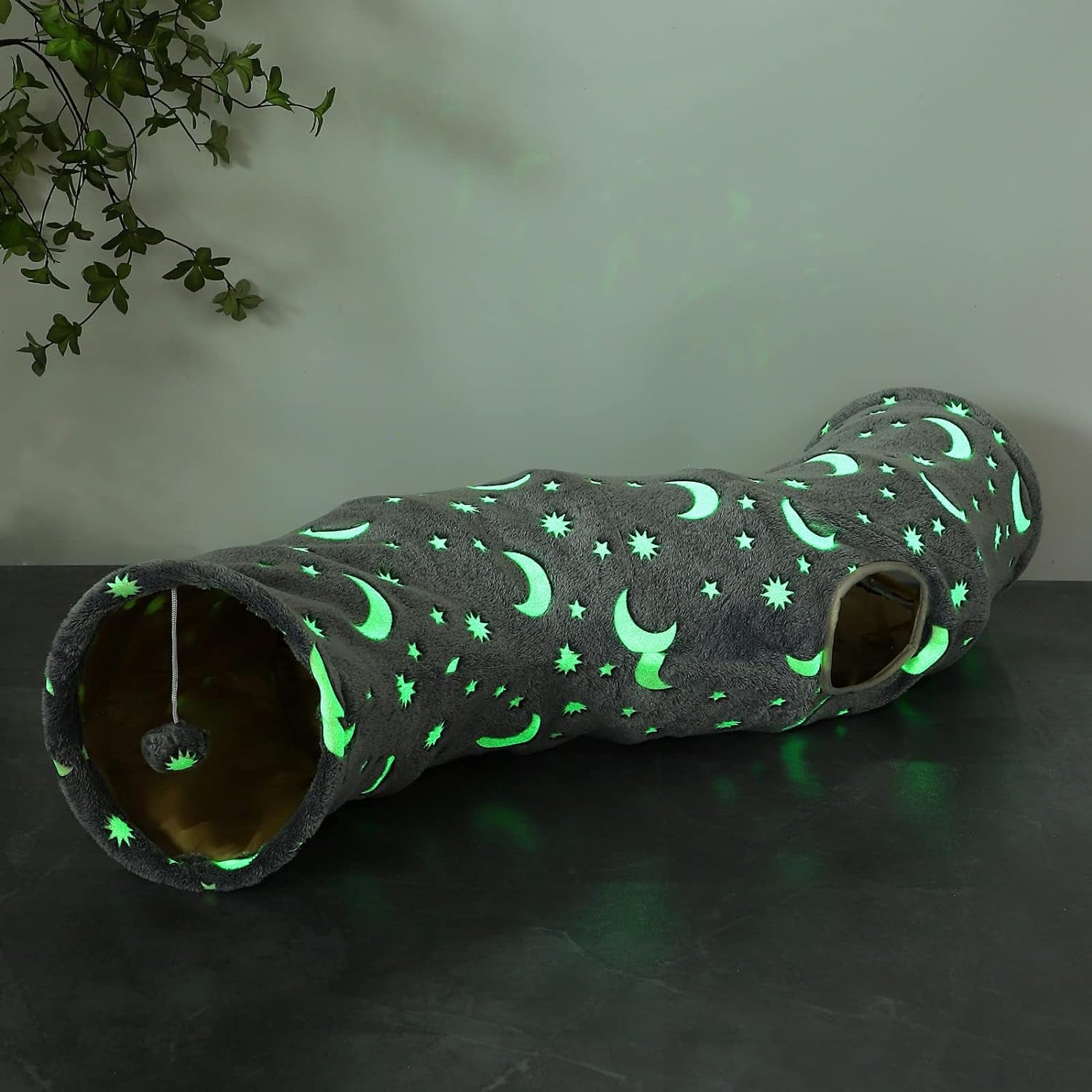 LUCKITTY Cat Tunnel Tube with Plush Ball Toys Collapsible Self-Luminous Photoluminescence, for Small Animals Pets Bunny Rabbits, Kittens, Ferrets,Puppy and Dogs Grey Moon Star