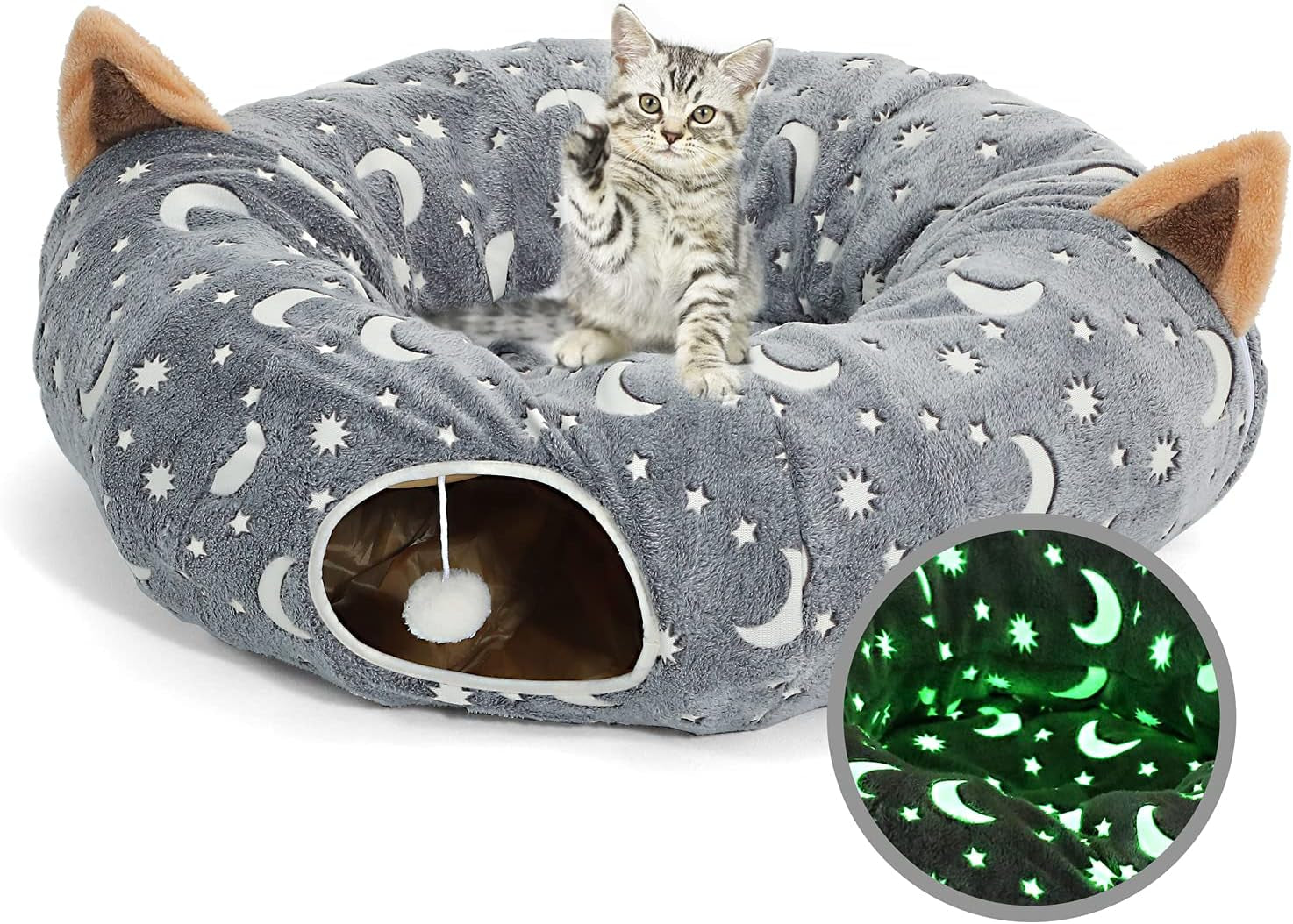 LUCKITTY Cat Tunnel Tube with Plush Ball Toys Collapsible Self-Luminous Photoluminescence, for Small Animals Pets Bunny Rabbits, Kittens, Ferrets,Puppy and Dogs Grey Moon Star