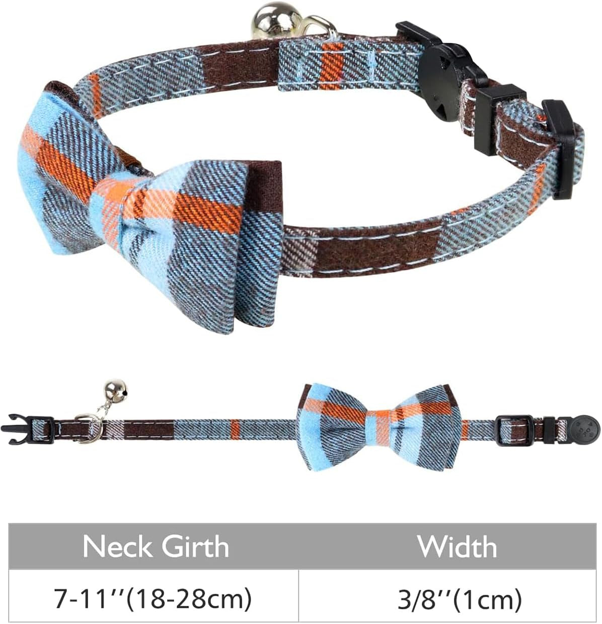 Joytale Upgraded Cat Collar with Bells, Breakaway Cat Collars with Bow Tie, 1 Pack Girl Boy Safety Plaid Kitten Collars, Haze Blue