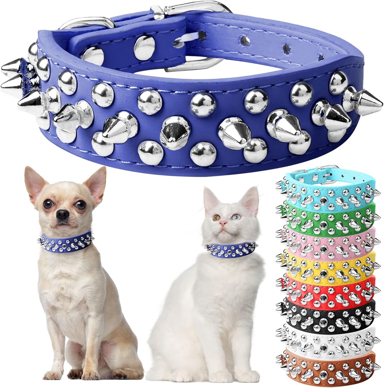 Spiked Dog Cat Collar, Soft White Leather Adjustable Puppy Collar with Studded Spikes, Anti-Bite Design for Small Dogs & Cats (XS, White)