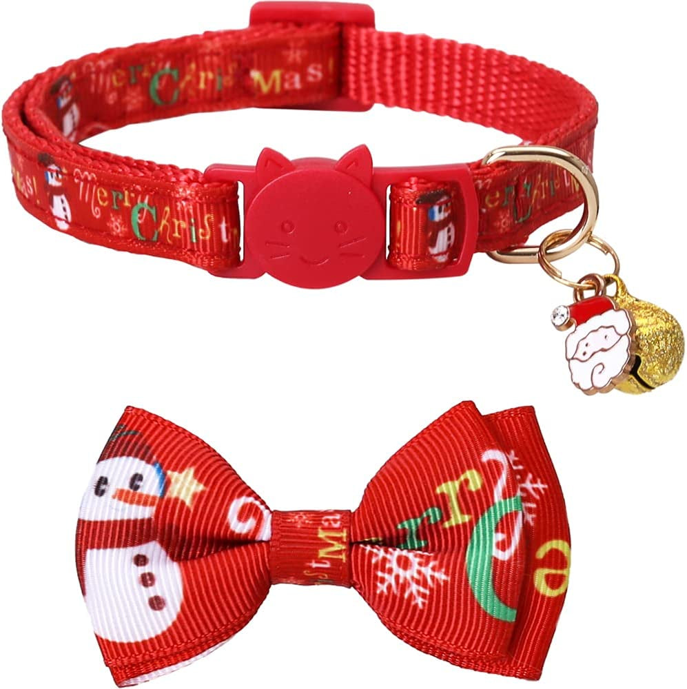 Christmas Cat Collar, Adjustable Breakaway Collar with Bow Tie & Bell, Safety Design for Kittens