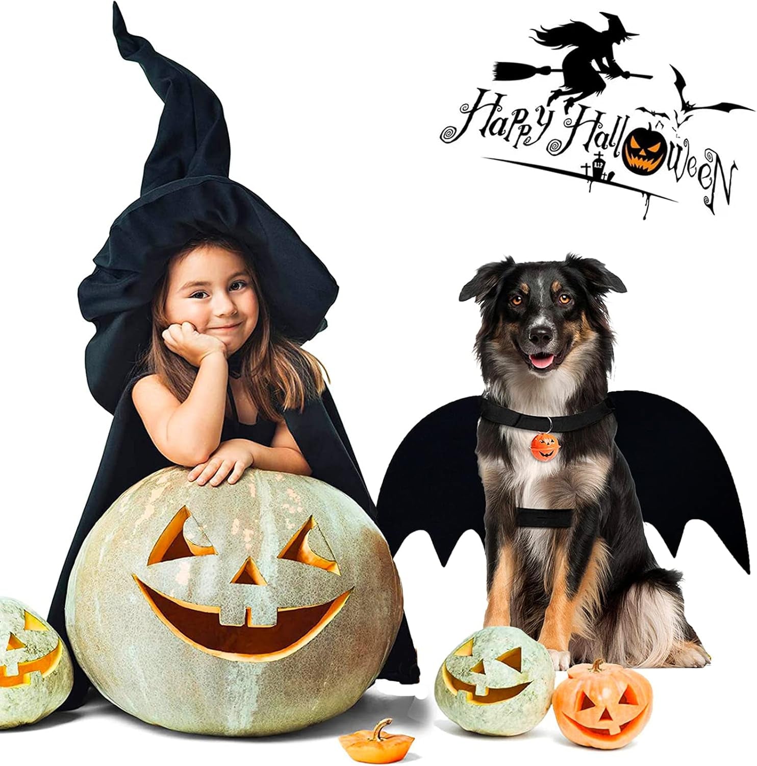 Dog Bat Wings, Pet Halloween Costume for Medium Large Dogs Funny Dog Clothes with Leads and Pumpkin Bells Puppy Dress up Halloween Decorations Apparel