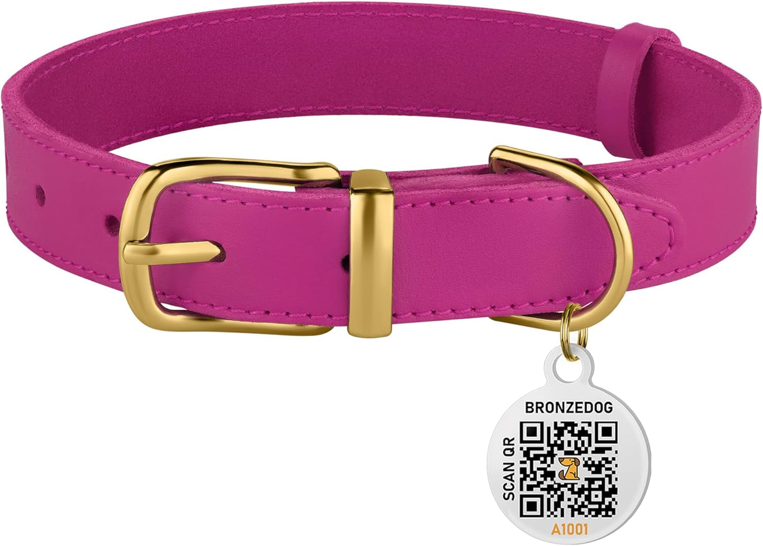 BRONZEDOG Leather Dog Collar, Durable Pet Collar with Metal Buckle, Pink & Gold Design for Small to Large Dogs