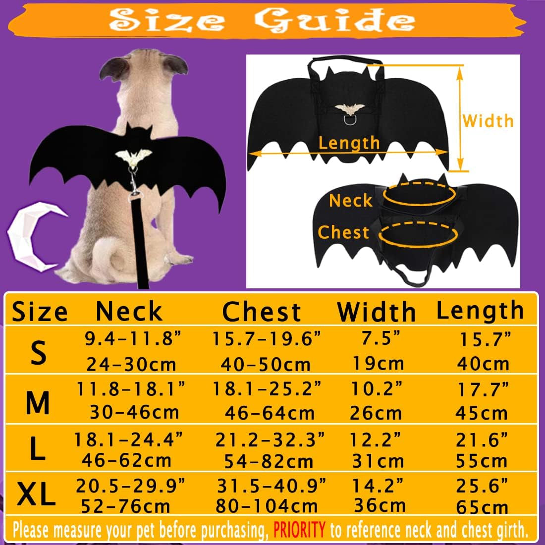 Dog Bat Wings, Pet Halloween Costume for Medium Large Dogs Funny Dog Clothes with Leads and Pumpkin Bells Puppy Dress up Halloween Decorations Apparel