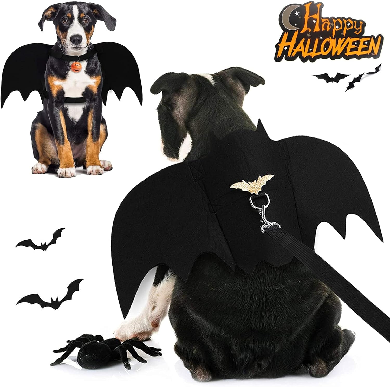 Dog Bat Wings, Pet Halloween Costume for Medium Large Dogs Funny Dog Clothes with Leads and Pumpkin Bells Puppy Dress up Halloween Decorations Apparel