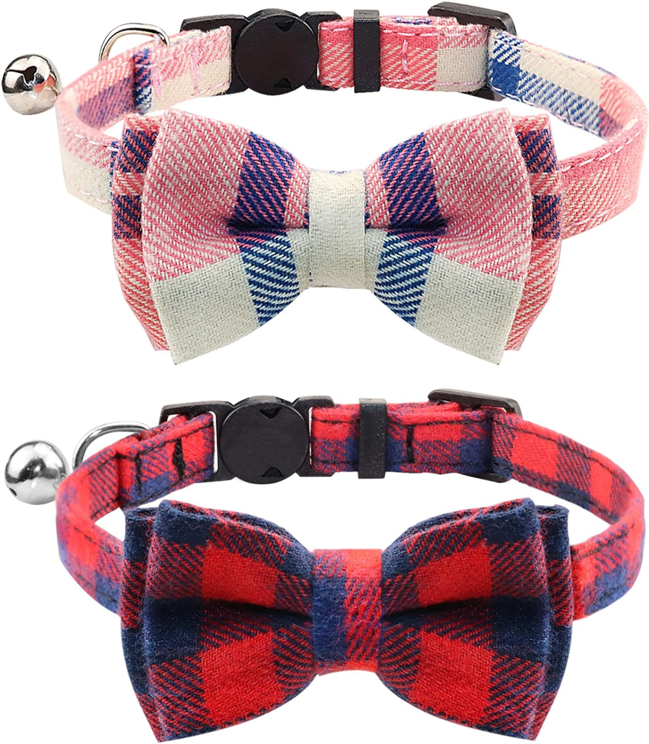 Joytale Upgraded Cat Collar with Bells, Breakaway Cat Collars with Bow Tie, 1 Pack Girl Boy Safety Plaid Kitten Collars, Haze Blue