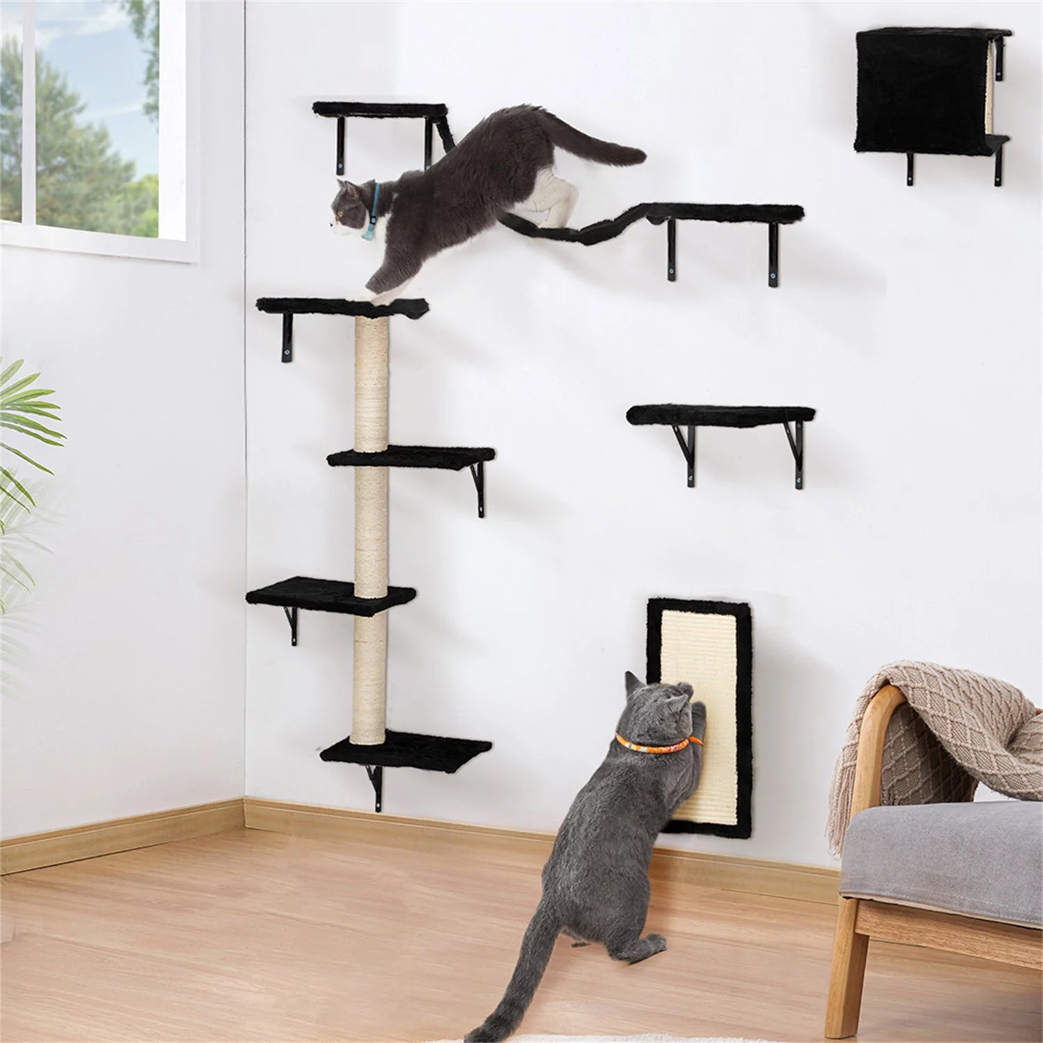 Cat Wall Shelves and Perches Set, Cat Tower for Adult Cats Mounted Cat Tree House