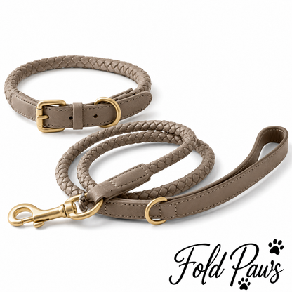 Fold Paws Braided Dog Collar & Leash Set - Personalized Name Collar