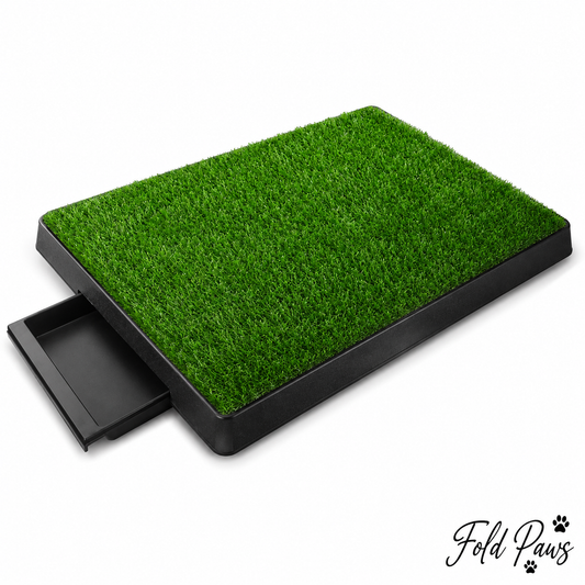 Fold Paws artificial grass dog potty tray with pull-out drawer on white background