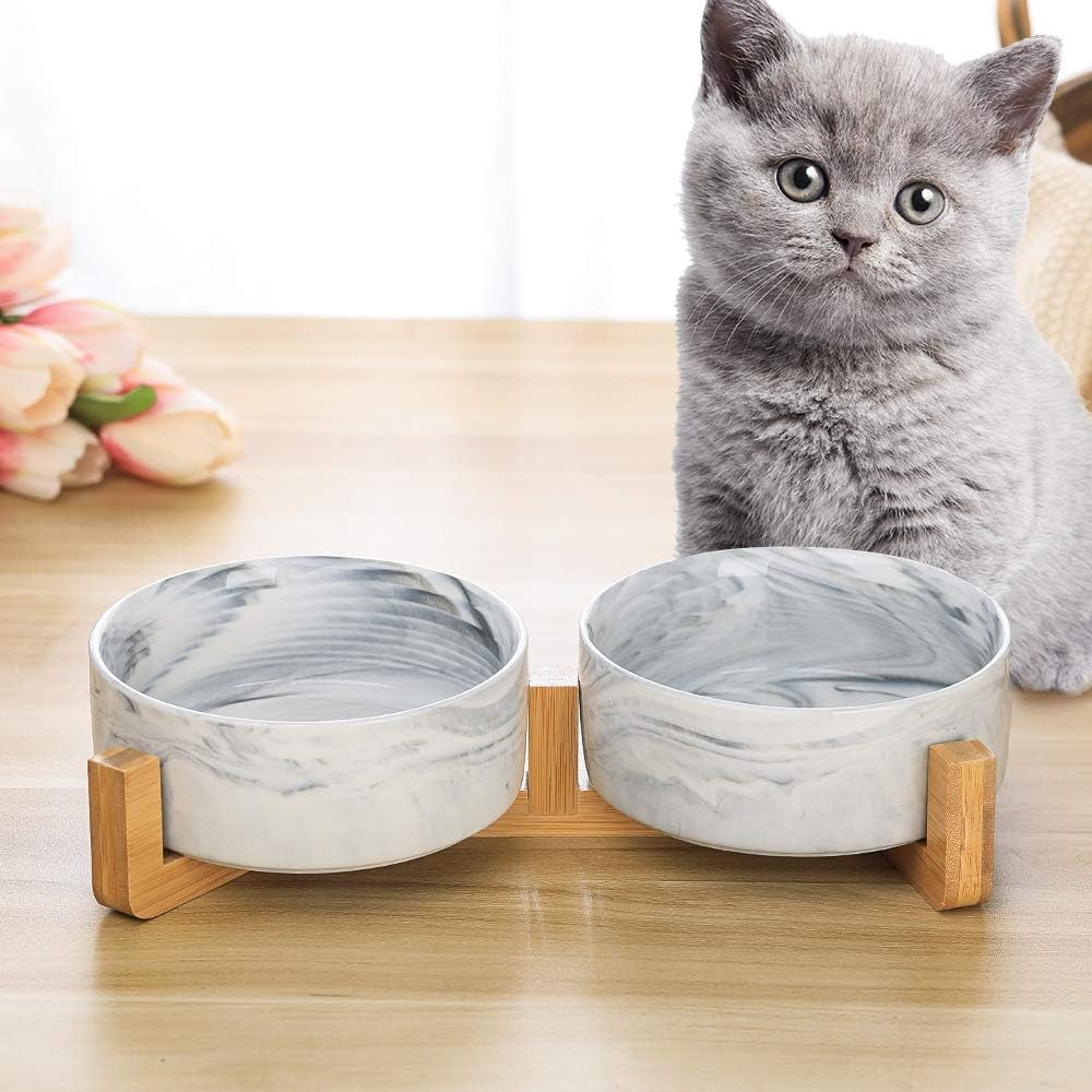 Marble Black Ceramic Cat Dog Bowl Dish with Wood Stand No Spill Pet Food Water Feeder Cats Small Dogs Set of 2