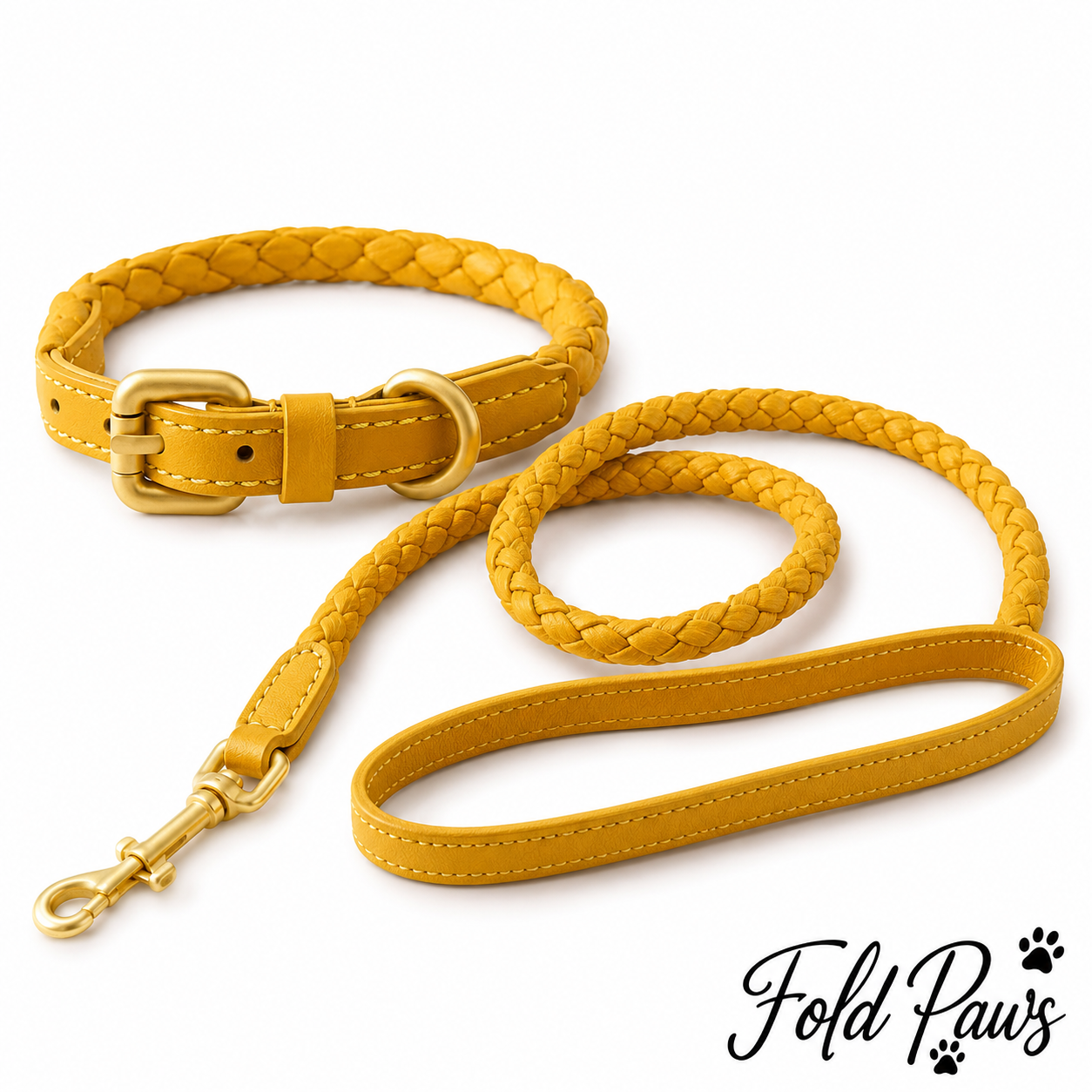 Fold Paws mustard yellow braided dog collar and leash set on white background