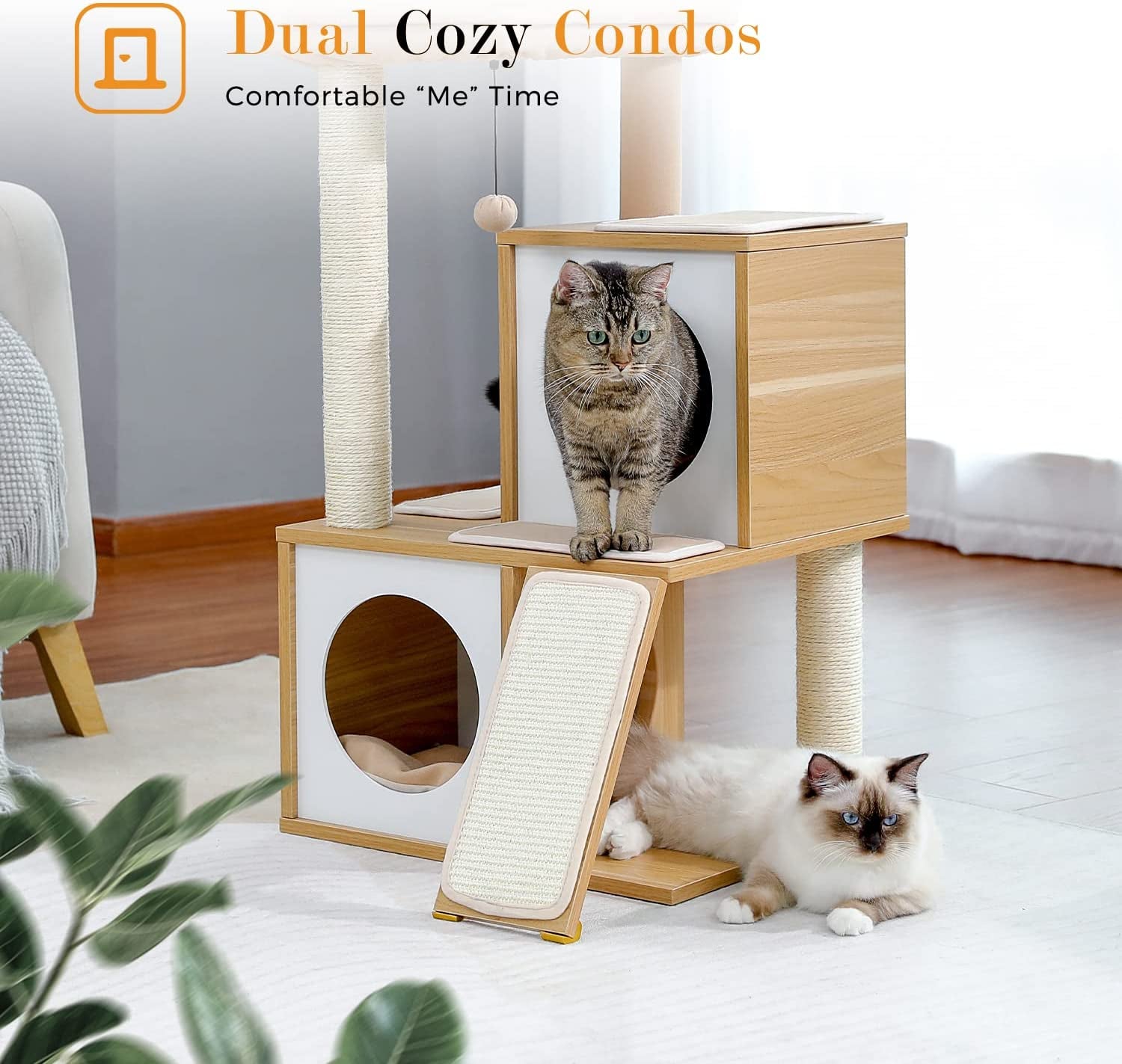 PAWZ Road Cat Tree 35 Inches Wooden Cat Tower with Double Condos, Spacious Perch, Fully Wrapped Scratching Sisal Posts and Replaceable Dangling Balls-Walnut