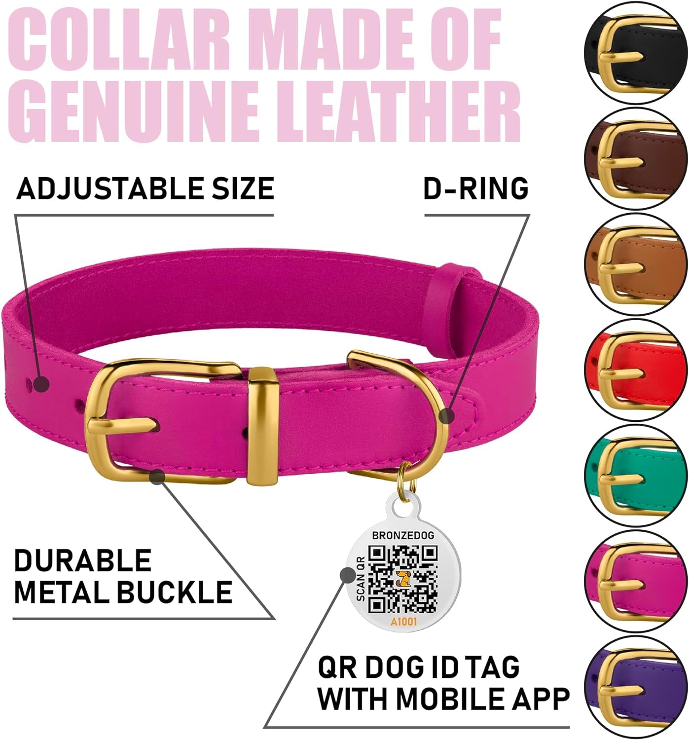 BRONZEDOG Leather Dog Collar, Durable Pet Collar with Metal Buckle, Pink & Gold Design for Small to Large Dogs