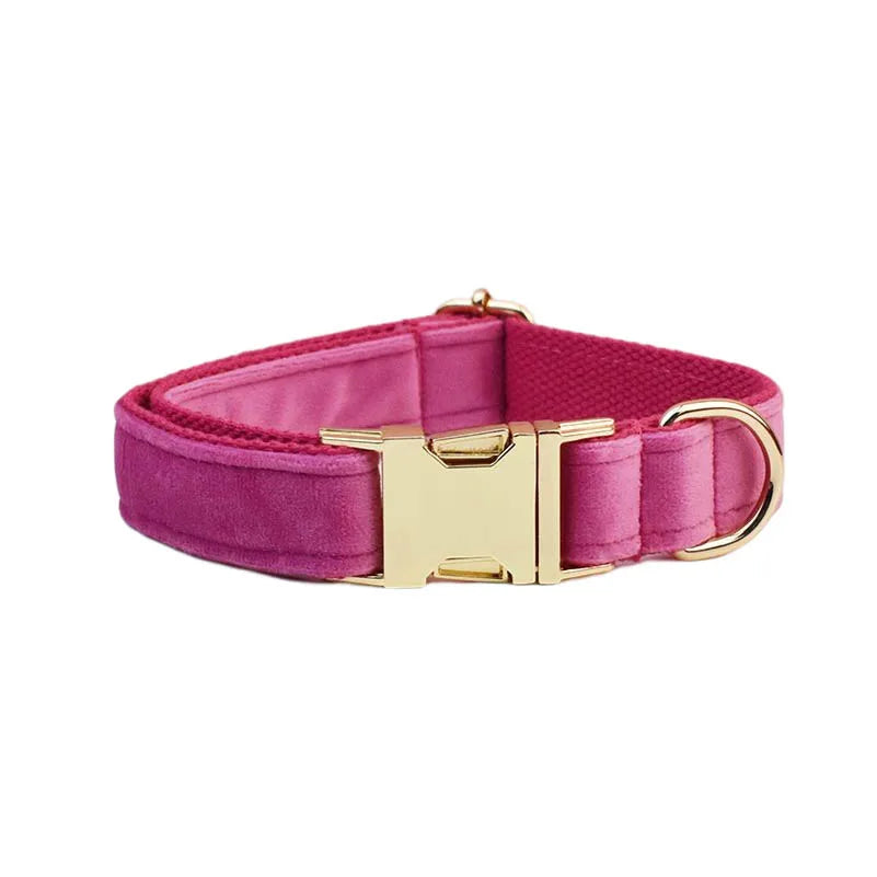 Luxurious Rose Red Velvet Dog Collar and Leash Set with Custom Engraved Nameplate - Perfect Pet Accessory!