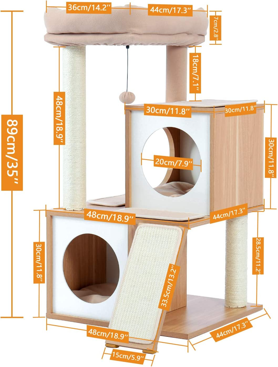 PAWZ Road Cat Tree 35 Inches Wooden Cat Tower with Double Condos, Spacious Perch, Fully Wrapped Scratching Sisal Posts and Replaceable Dangling Balls-Walnut