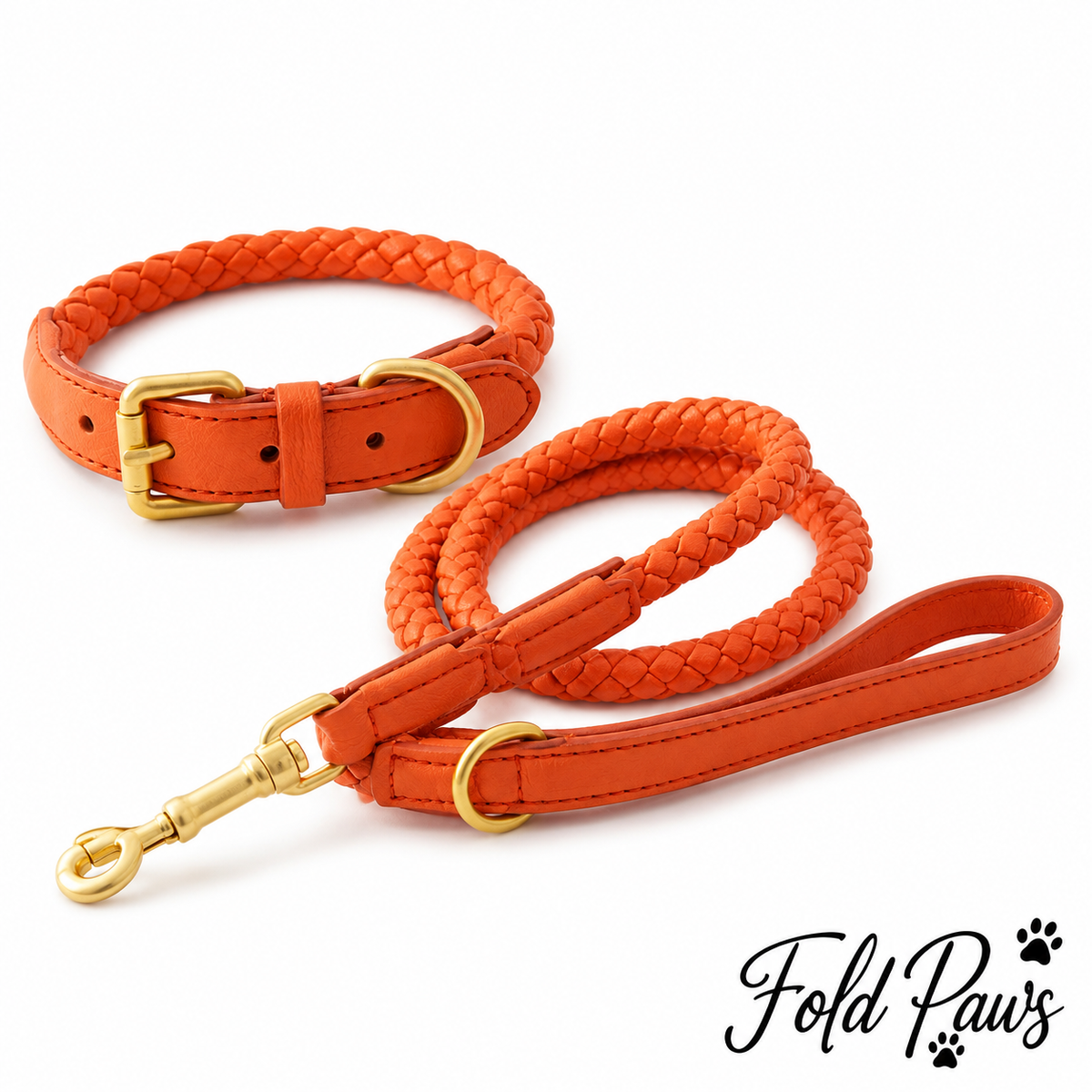 Fold Paws orange braided collar and matching leash with gold hardware