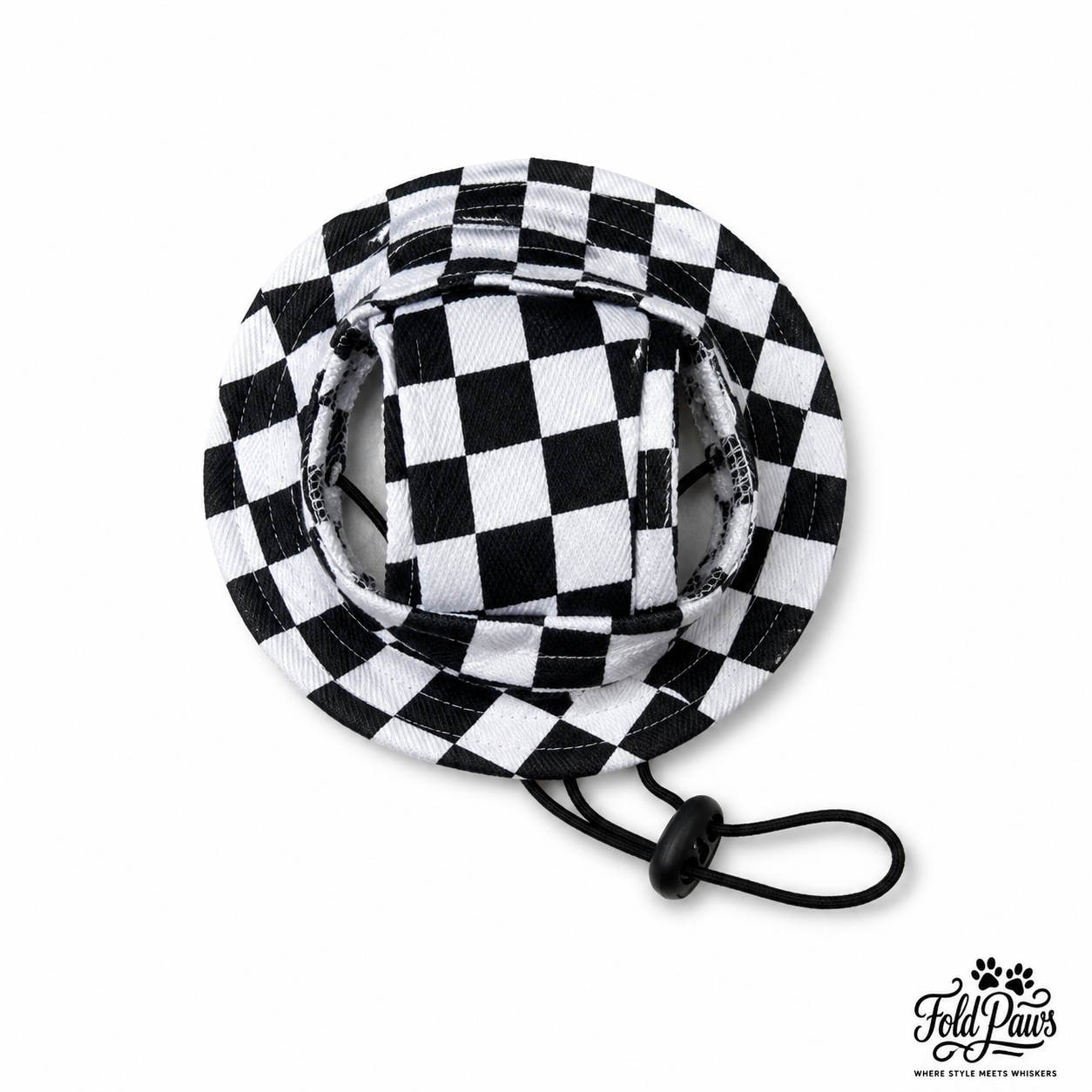 Black and white checkered Fold Paws cat bucket hat