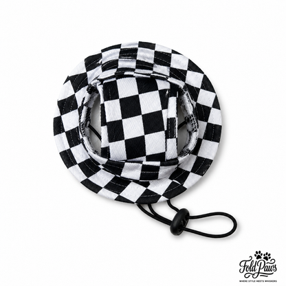 Black and white checkered Fold Paws cat bucket hat