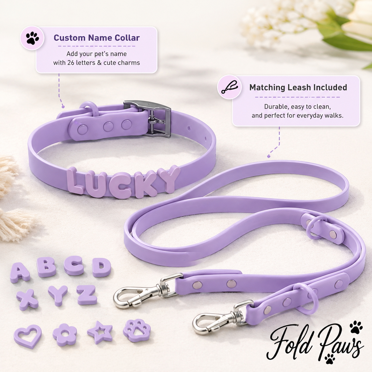 Fold Paws Personalized PVC Dog Collar & Leash Set - Custom Name Letters