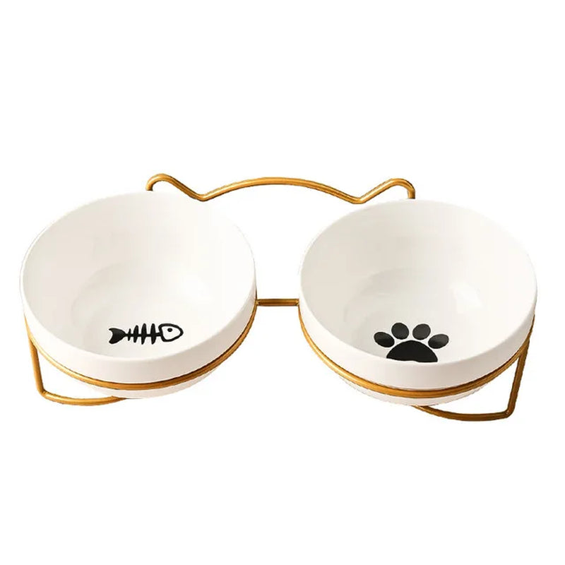 Pet Cat Bowl Ceramic 500ML Water Feeder Food Feeding Dish Dispenser with Raised Stand Kitten Puppy Metal Elevated Bowl