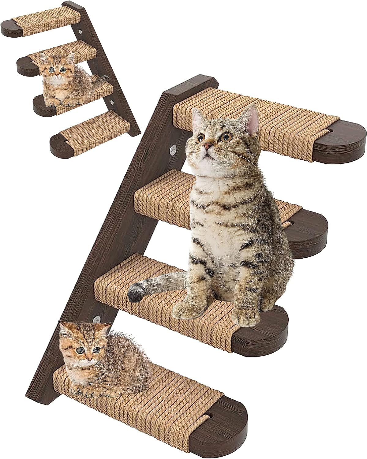 Skywin Cat Steps - 2 Pack Brown-Color Solid Rubber Wood Cat Stairs Great for Scratching and Climbing - Easy to Install Wall Mounted Cat Shelves for Playful Cats